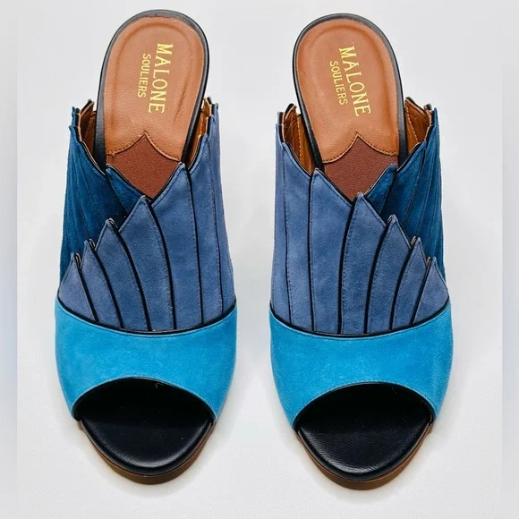 Malone Souliers Donna Fanned Blue Suede Colorblock Mules Heels Shoes Sandals - Picture 13 of 15